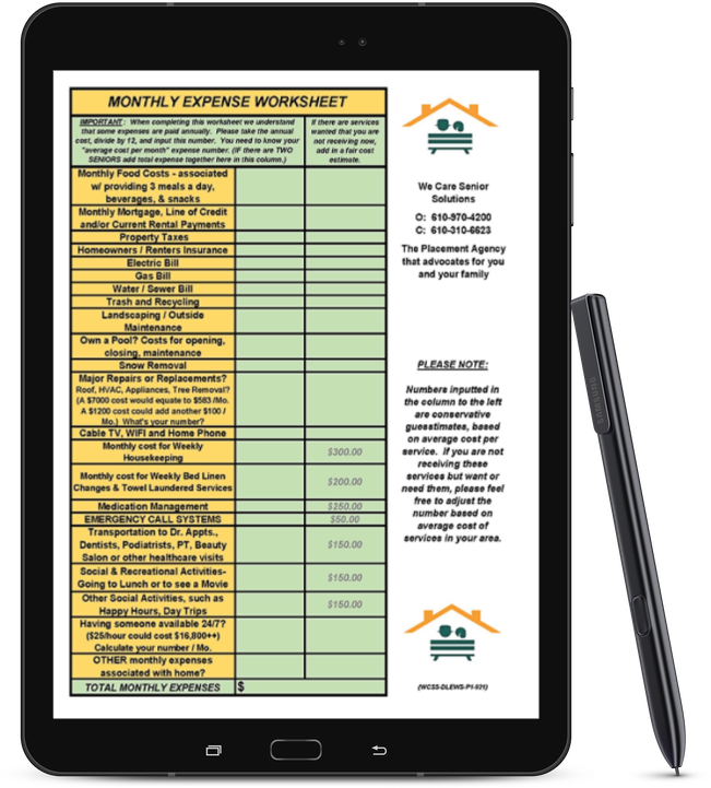 tablet with senior living expense worksheet